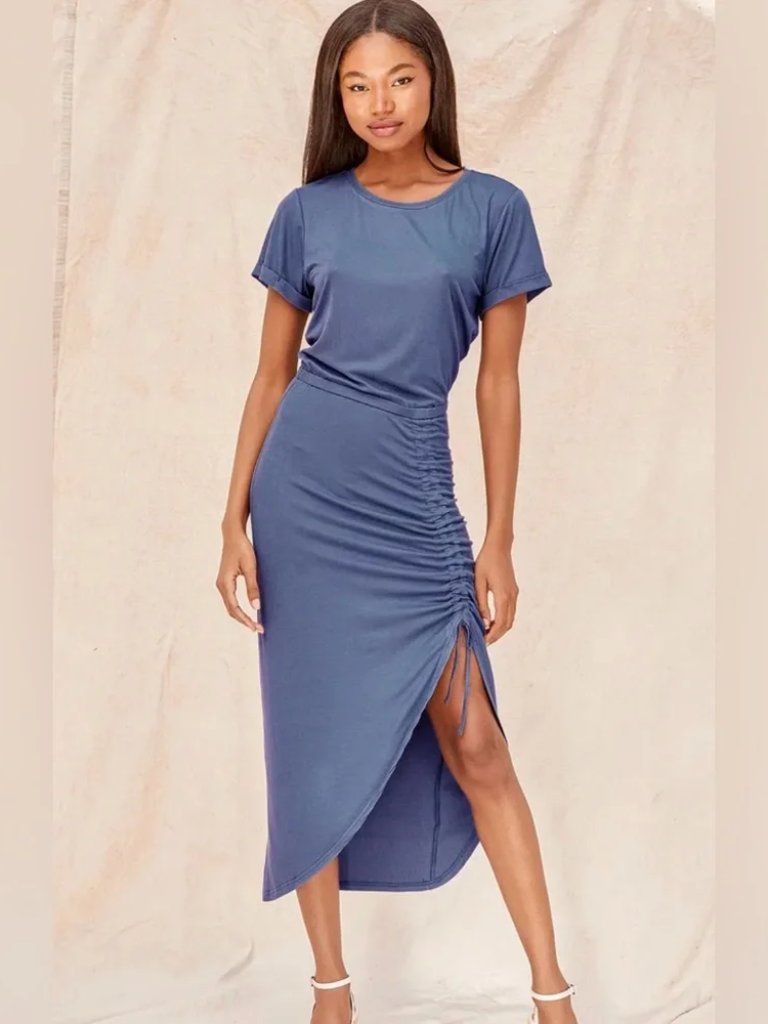 Lulus Casual Retreat Denim Blue Ruched High-Low Midi Dress